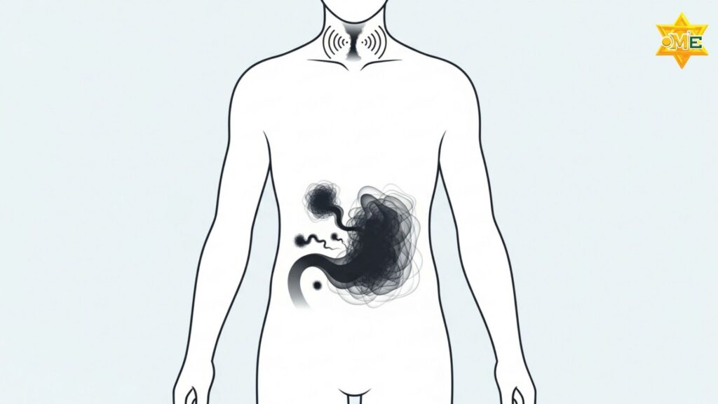 Hình minh họa tối giản thể hiện trục não ruột, nơi stress tạo ra một nút thắt lo âu trong dạ dày, gây cảm giác buồn nôn.