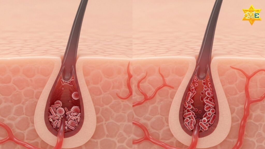 Biểu đồ minh họa quá trình hình thành mụn trứng cá, chỉ rõ sự tắc nghẽn của nang lông bởi bã nhờn, tế bào chết và vi khuẩn P. acnes.