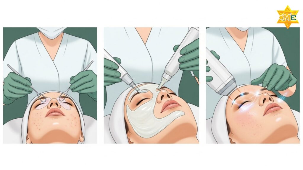 Hình ảnh minh họa ba phương pháp điều trị mụn chuyên sâu tại spa: lấy nhân mụn, peel da sinh học và liệu pháp laser, thực hiện bởi chuyên gia.