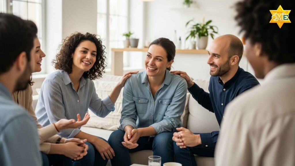 Nhóm bạn đang trò chuyện thân mật, thể hiện sự kết nối và hỗ trợ xã hội.