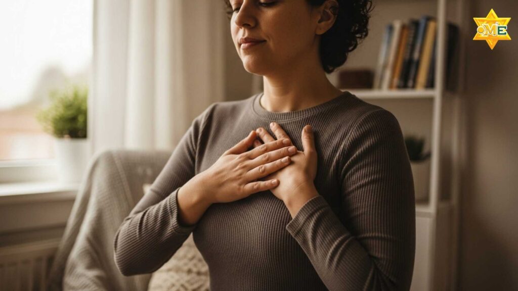 Người ngồi bình yên trong phòng, tay đặt lên tim, thể hiện lòng biết ơn và tự trắc ẩn.