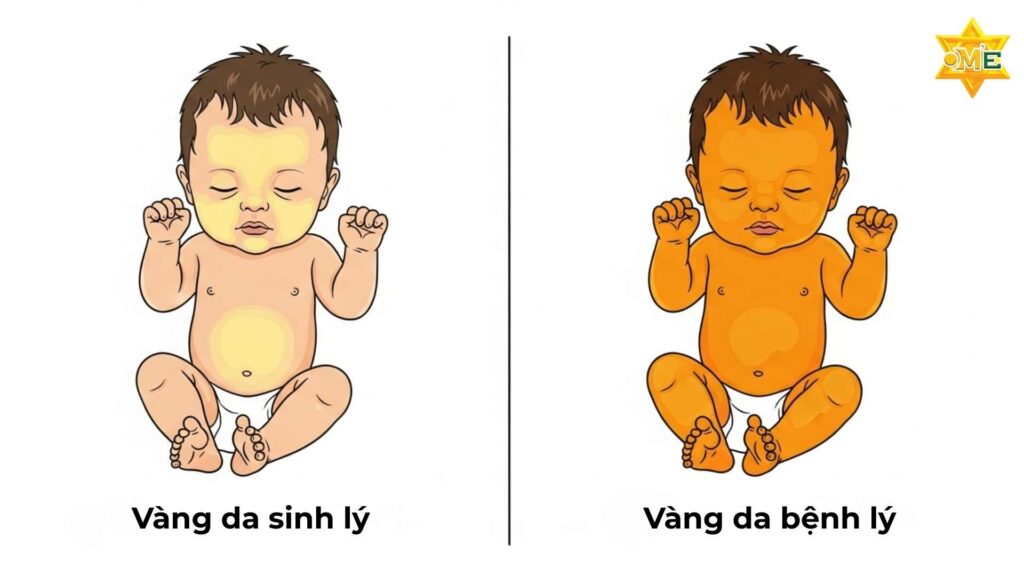 Minh họa y học đối lập vàng da sinh lý (nhẹ ở mặt) và bệnh lý (vàng đậm toàn thân).
