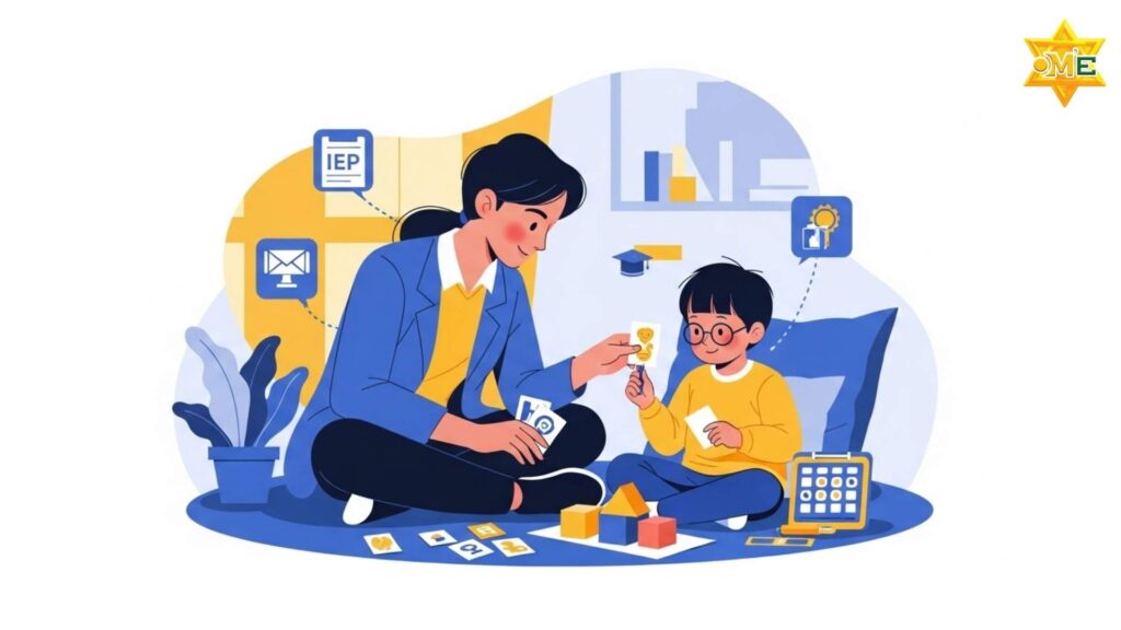 Minh họa chuyên gia giáo dục đặc biệt kiên nhẫn hướng dẫn một đứa trẻ có nhu cầu đặc biệt trong hoạt động học tập cá nhân hóa.