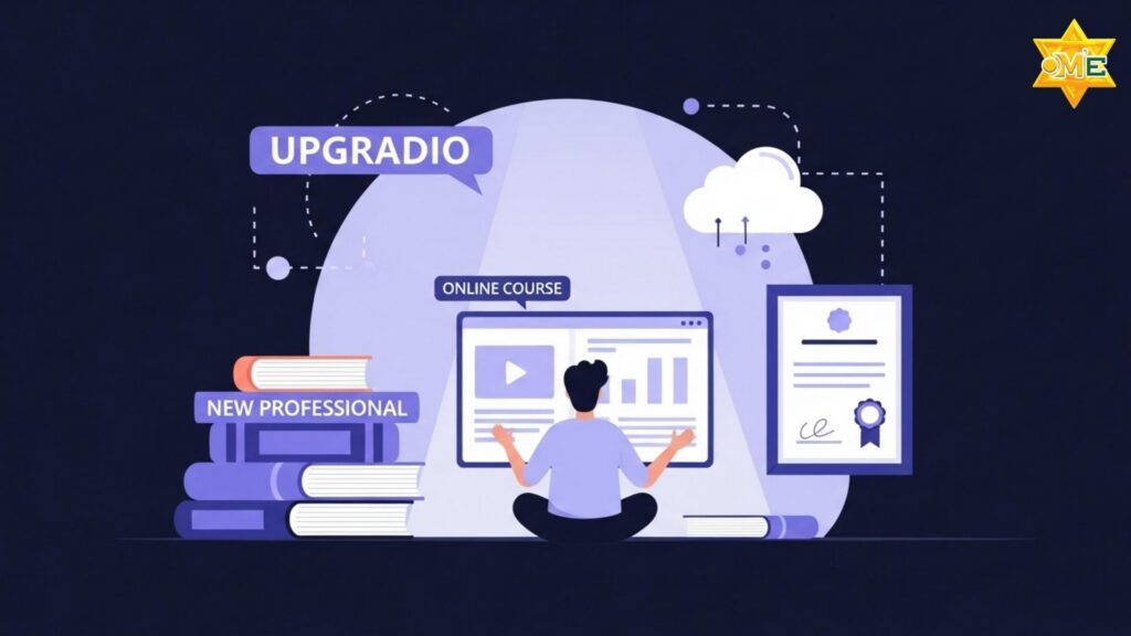 Minh họa chuyên gia giáo dục đặc biệt đang học trực tuyến trên máy tính, với biểu tượng sách và chứng chỉ, thể hiện quá trình nâng cao chuyên môn liên tục.