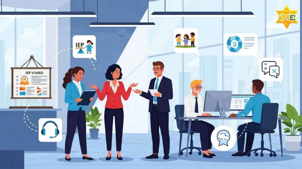 Minh họa nhóm chuyên gia giáo dục đặc biệt đang cộng tác trong môi trường làm việc đa dạng, thể hiện nhiều cơ hội nghề nghiệp và phát triển.