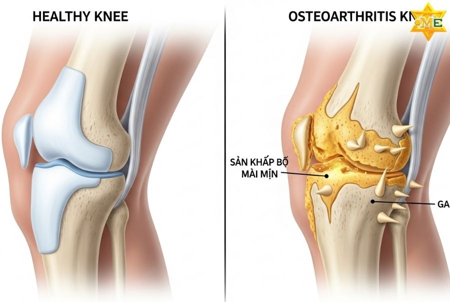 Hình ảnh minh họa y tế so sánh khớp gối khỏe mạnh (sụn trơn nhẵn) và khớp gối bị thoái hóa (sụn bị mài mòn, sần sùi)