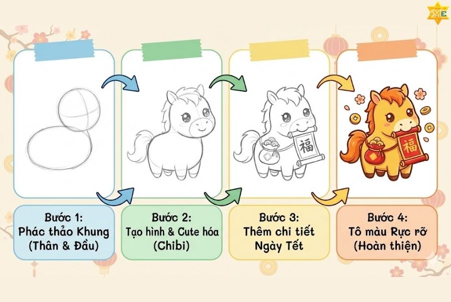 Hướng dẫn vẽ tranh tết đơn giản chủ đề Bính Ngọ