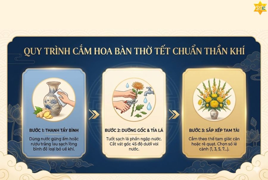 Hướng dẫn quy trình cắm hoa bàn thờ tết chuẩn Thần khí