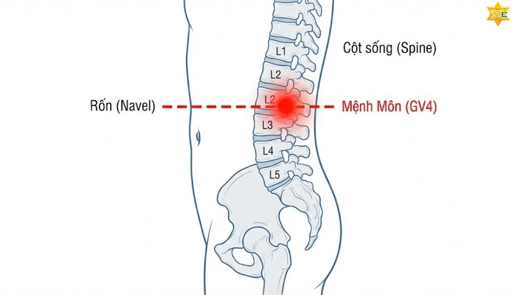 vị trí huyệt Mệnh Môn trên lưng